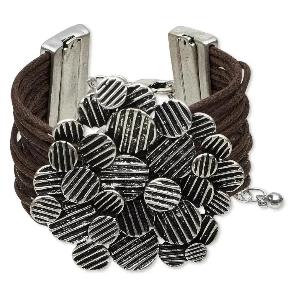 Modern Art Designer Statement Bracelet Antiqued Silver Lined Circles on Brown